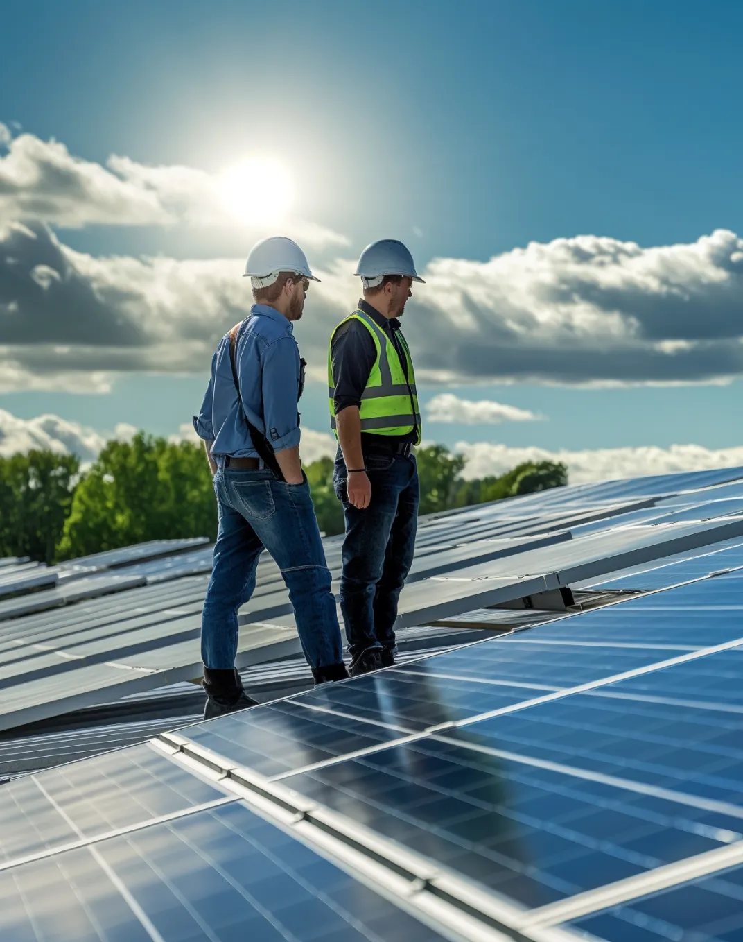 Solar energy technicians standing on a rooftop with panels, promoting Trail Ridge Power career opportunities